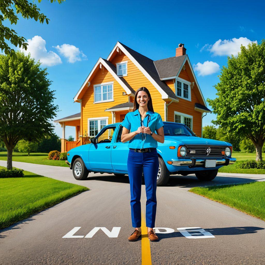 A confident guide holding a compass, standing at a crossroads symbolizing various paths like life, health, auto, and home insurance. Surrounding the guide are visual representations of each insurance type, such as a family, a car, a house, and a healthcare symbol. The scene is vibrant and inviting, designed to convey trust and expertise. Include a clear blue sky and lush green surroundings to enhance the hopeful atmosphere. super-realistic. vibrant colors.
