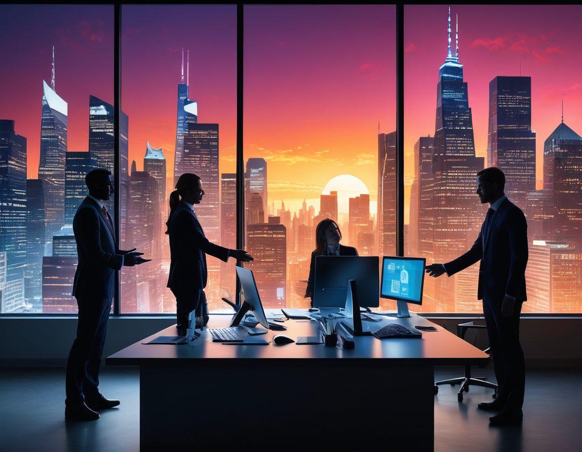 A dynamic collage showcasing a modern office environment, where diverse professionals are collaborating around technology interfaces, mapping out risk management strategies. Include visual elements representing insurance services such as policy documents and digital claims systems, alongside symbols of partnership like handshakes and teamwork. The backdrop should depict a metaphorical illustration of safety and security, with a skyline silhouette. super-realistic. vibrant colors. 3D.